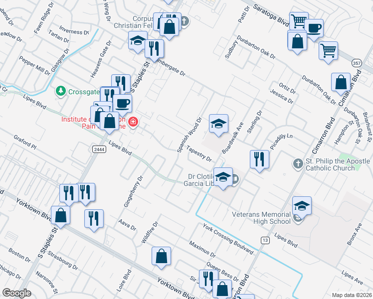 map of restaurants, bars, coffee shops, grocery stores, and more near 7001 Natchez Drive in Corpus Christi