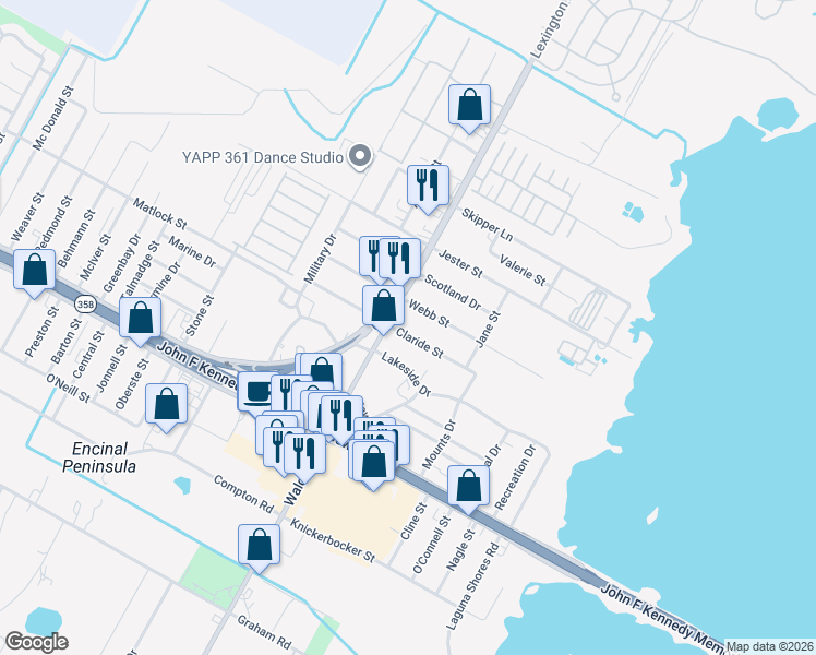 map of restaurants, bars, coffee shops, grocery stores, and more near 534 Claride Street in Corpus Christi