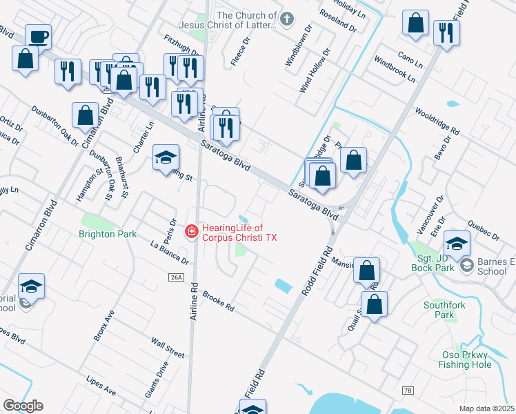 map of restaurants, bars, coffee shops, grocery stores, and more near 6901 Saratoga Boulevard in Corpus Christi