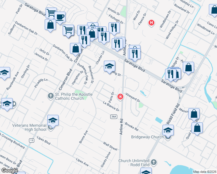 map of restaurants, bars, coffee shops, grocery stores, and more near 6633 Vienna Drive in Corpus Christi