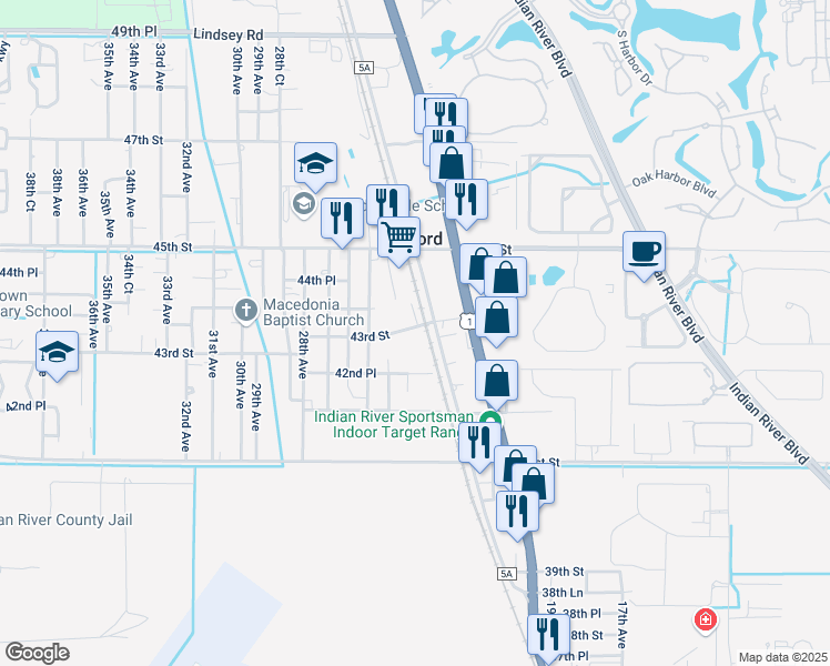 map of restaurants, bars, coffee shops, grocery stores, and more near 2205 43rd Street in Vero Beach