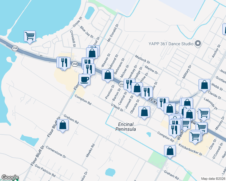 map of restaurants, bars, coffee shops, grocery stores, and more near 1202 Barton Street in Corpus Christi