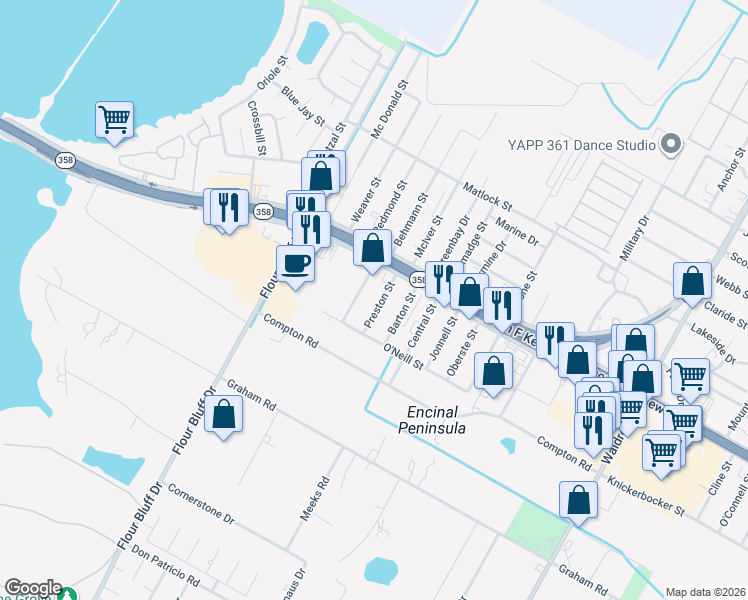 map of restaurants, bars, coffee shops, grocery stores, and more near 1213 Baywood Lane in Corpus Christi