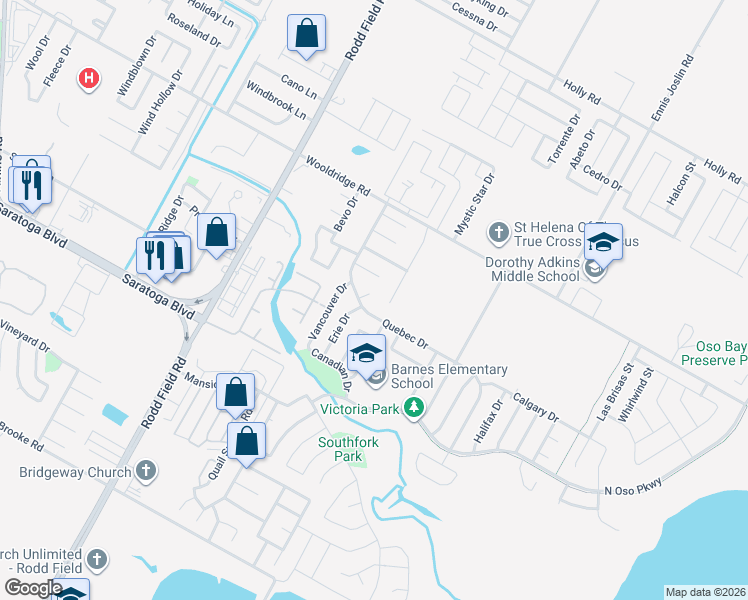 map of restaurants, bars, coffee shops, grocery stores, and more near 2702 Quebec Drive in Corpus Christi