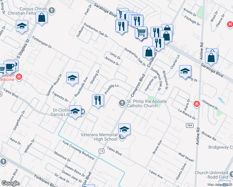 map of restaurants, bars, coffee shops, grocery stores, and more near 6321 Ramsgate Circle in Corpus Christi