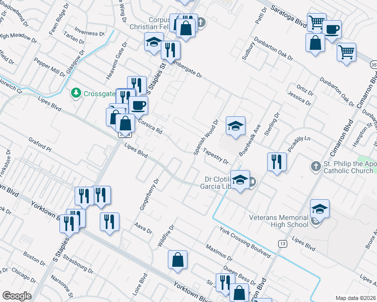map of restaurants, bars, coffee shops, grocery stores, and more near 7022 Trantella Court in Corpus Christi