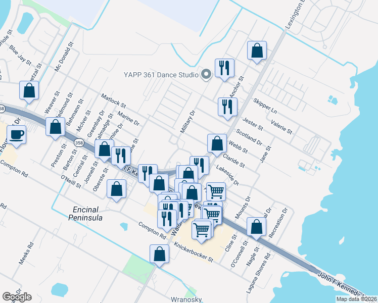 map of restaurants, bars, coffee shops, grocery stores, and more near 703 West Lakeside Drive in Corpus Christi