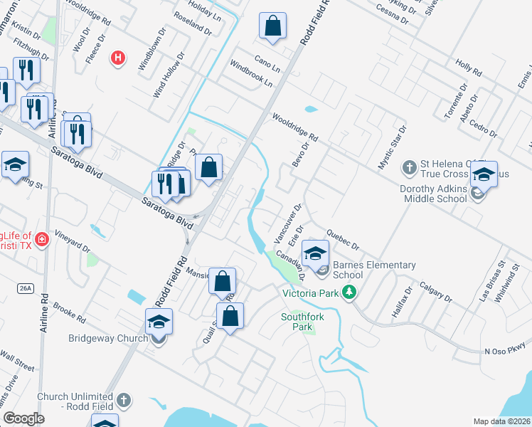 map of restaurants, bars, coffee shops, grocery stores, and more near 7206 Lake Rhapsody Circle in Corpus Christi