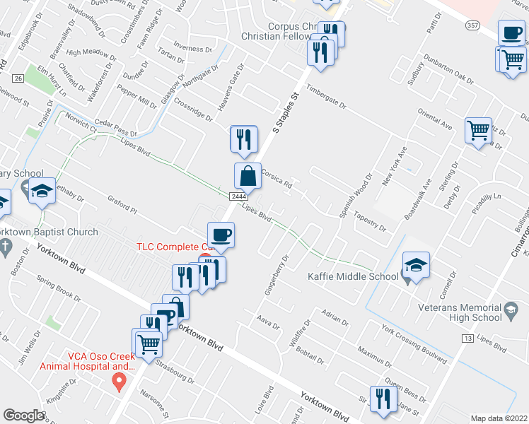 map of restaurants, bars, coffee shops, grocery stores, and more near 7129 Althea Court in Corpus Christi