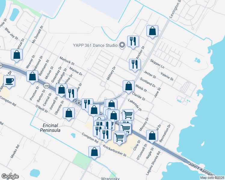 map of restaurants, bars, coffee shops, grocery stores, and more near 703 West Lakeside Drive in Corpus Christi