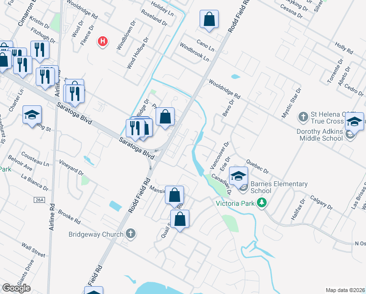 map of restaurants, bars, coffee shops, grocery stores, and more near 7173 Lake Placid Drive in Corpus Christi