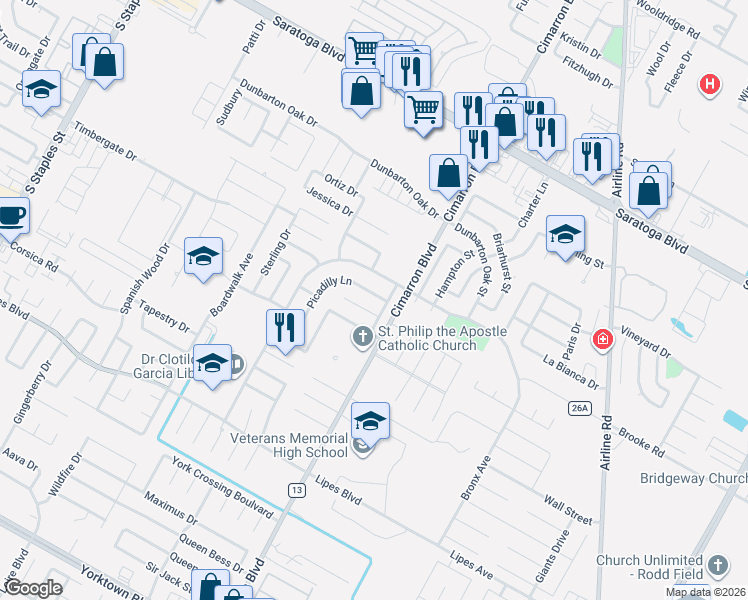 map of restaurants, bars, coffee shops, grocery stores, and more near 3418 Bollinger Street in Corpus Christi