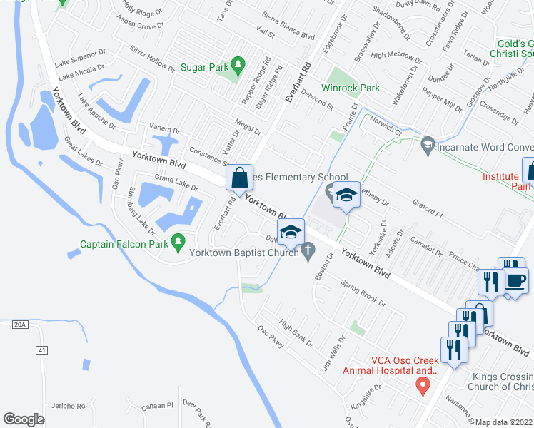 map of restaurants, bars, coffee shops, grocery stores, and more near 7643 San Angelo Drive in Corpus Christi