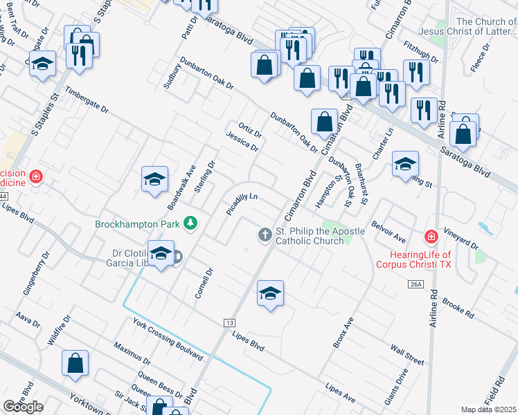 map of restaurants, bars, coffee shops, grocery stores, and more near 6321 Ramsgate Circle in Corpus Christi