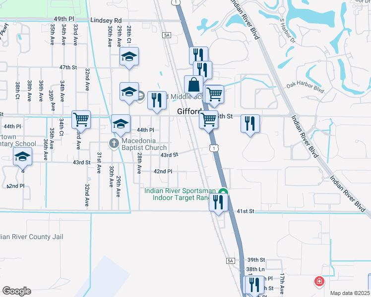 map of restaurants, bars, coffee shops, grocery stores, and more near 2205 43rd Street in Vero Beach