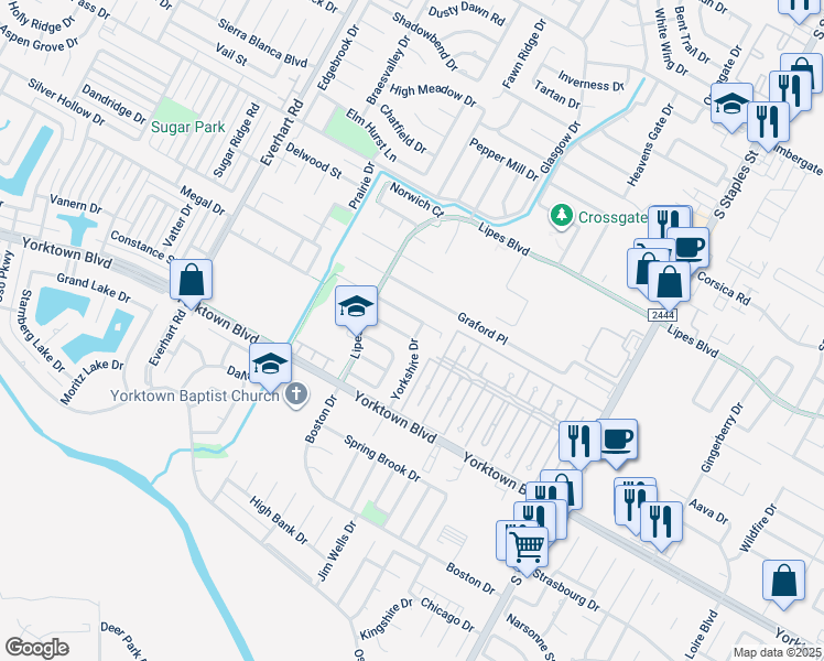 map of restaurants, bars, coffee shops, grocery stores, and more near 7422 Yorkshire Drive in Corpus Christi