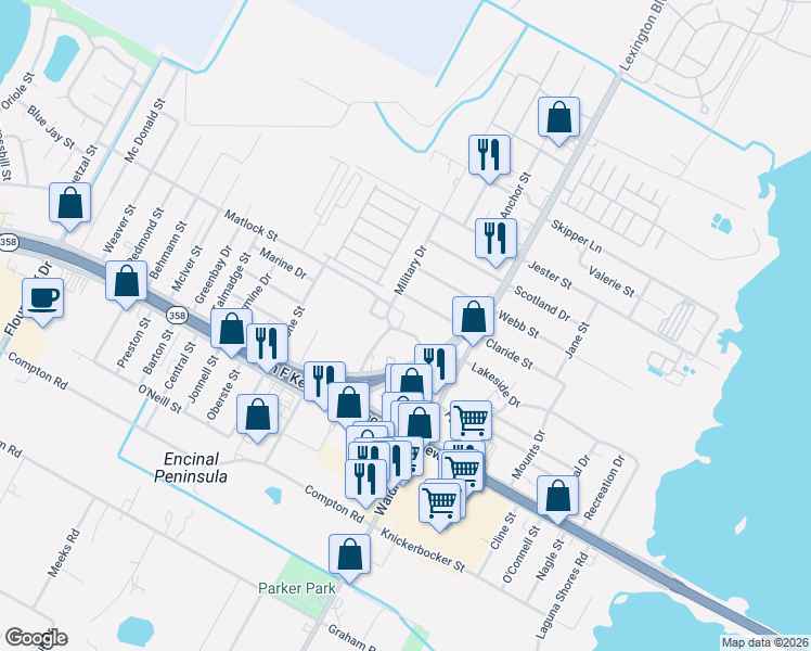 map of restaurants, bars, coffee shops, grocery stores, and more near 703 West Lakeside Drive in Corpus Christi