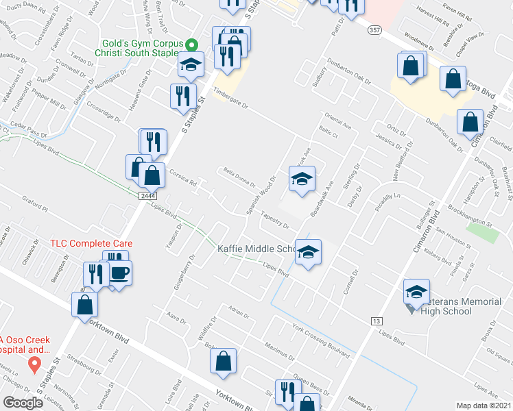 map of restaurants, bars, coffee shops, grocery stores, and more near 5902 Tapestry Drive in Corpus Christi