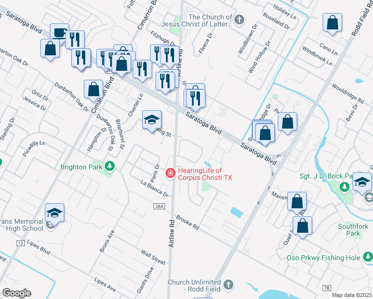 map of restaurants, bars, coffee shops, grocery stores, and more near 3010 Airline Road in Corpus Christi