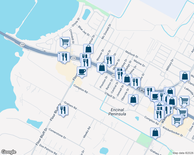 map of restaurants, bars, coffee shops, grocery stores, and more near 1213 Baywood Lane in Corpus Christi