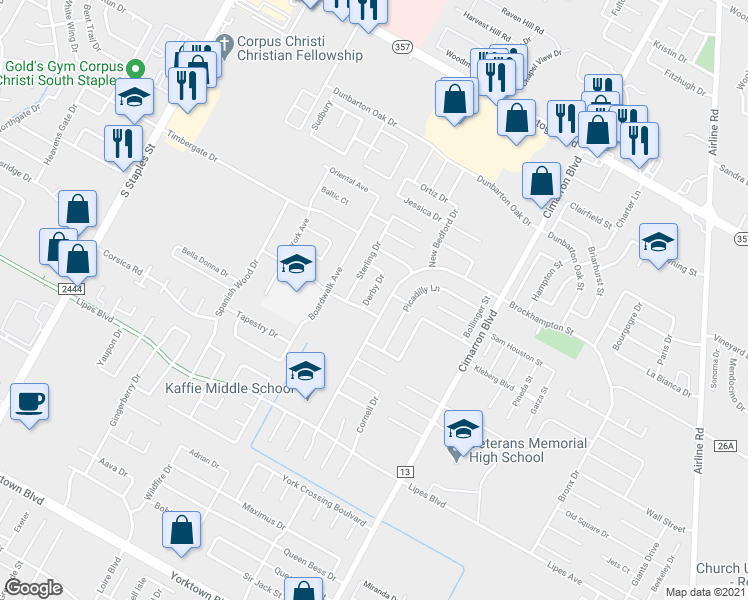 map of restaurants, bars, coffee shops, grocery stores, and more near 3426 Derby Drive in Corpus Christi