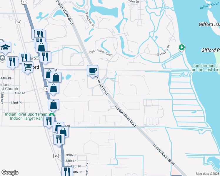map of restaurants, bars, coffee shops, grocery stores, and more near 4307 Baseline Drive in Vero Beach