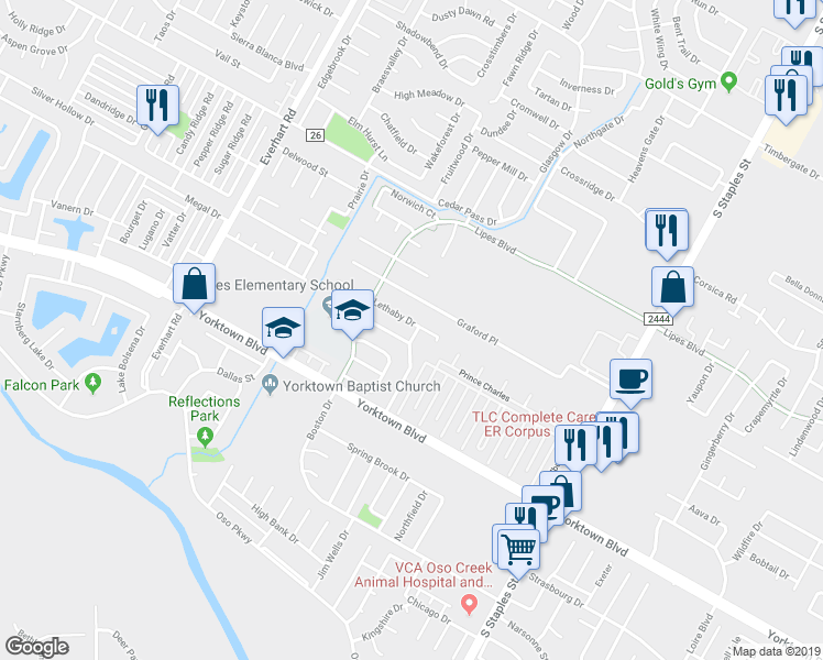 map of restaurants, bars, coffee shops, grocery stores, and more near 5137 Lethaby Drive in Corpus Christi