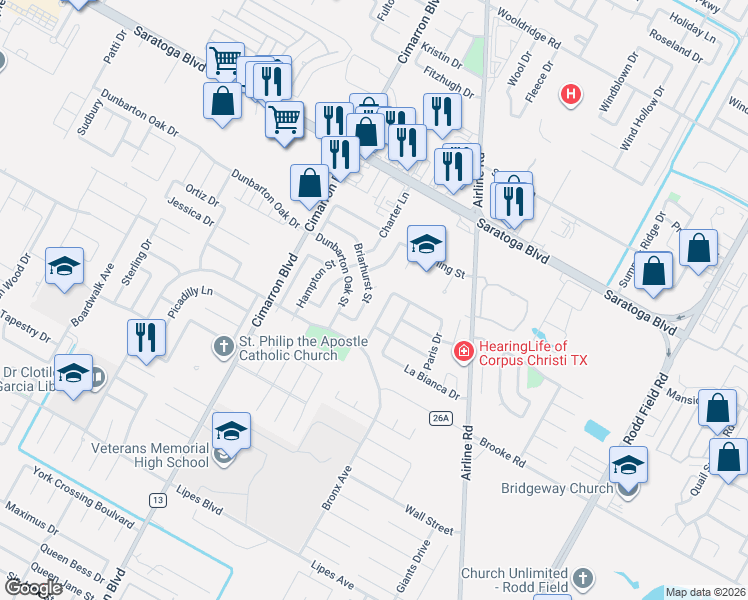 map of restaurants, bars, coffee shops, grocery stores, and more near 6613 Belvoir Avenue in Corpus Christi