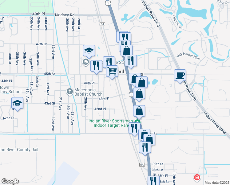 map of restaurants, bars, coffee shops, grocery stores, and more near 2205 43rd Street in Vero Beach