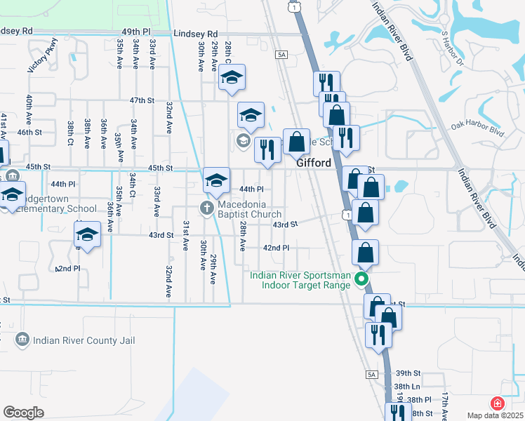 map of restaurants, bars, coffee shops, grocery stores, and more near 4366 27th Avenue in Vero Beach