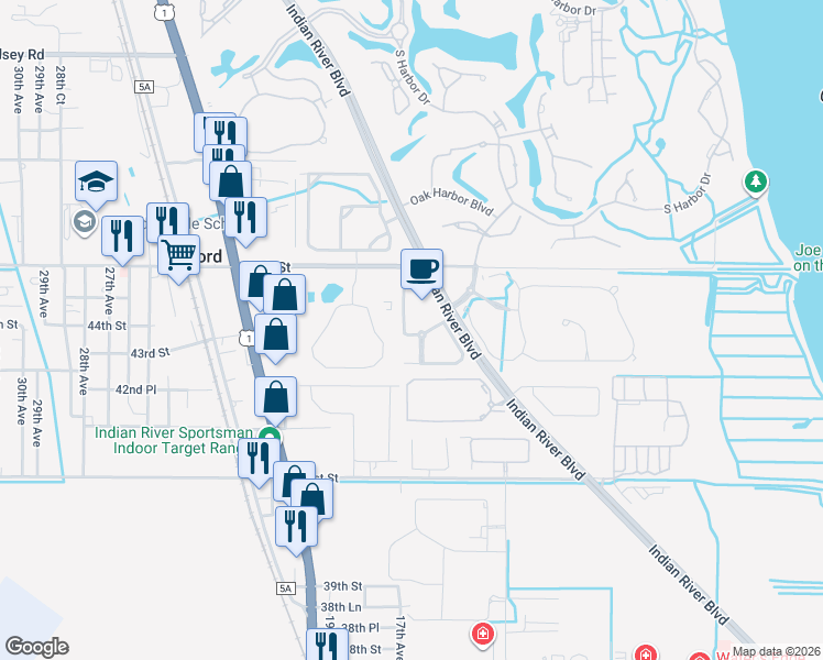 map of restaurants, bars, coffee shops, grocery stores, and more near 1795 45th Street in Vero Beach
