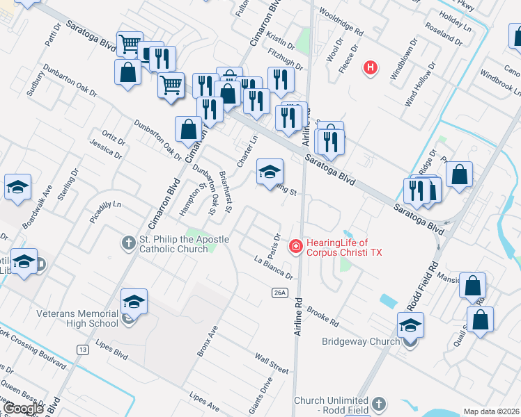map of restaurants, bars, coffee shops, grocery stores, and more near 6645 Downing Street in Corpus Christi