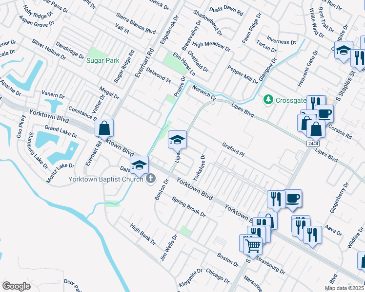 map of restaurants, bars, coffee shops, grocery stores, and more near 5105 Lethaby Drive in Corpus Christi