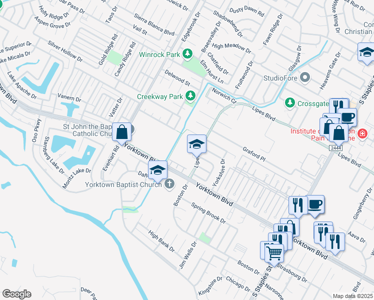 map of restaurants, bars, coffee shops, grocery stores, and more near 5017 Lethaby Drive in Corpus Christi