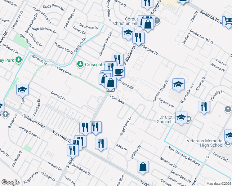 map of restaurants, bars, coffee shops, grocery stores, and more near 7110 South Staples Street in Corpus Christi