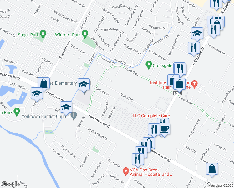 map of restaurants, bars, coffee shops, grocery stores, and more near 5213 Graford Place in Corpus Christi