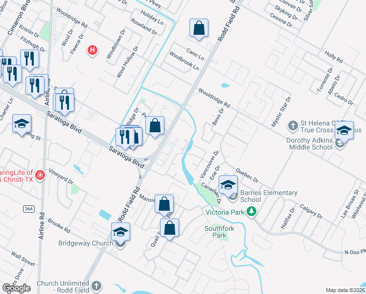 map of restaurants, bars, coffee shops, grocery stores, and more near 2702 Rodd Field Road in Corpus Christi