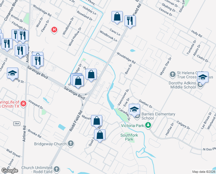map of restaurants, bars, coffee shops, grocery stores, and more near 2702 Rodd Field Road in Corpus Christi