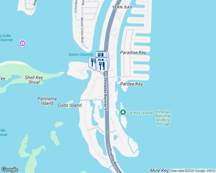map of restaurants, bars, coffee shops, grocery stores, and more near 1375 Pinellas Bayway South in Tierra Verde