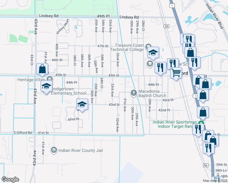 map of restaurants, bars, coffee shops, grocery stores, and more near 3150 44th Street in Vero Beach