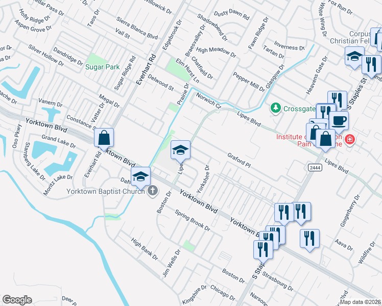 map of restaurants, bars, coffee shops, grocery stores, and more near 5105 Lethaby Drive in Corpus Christi
