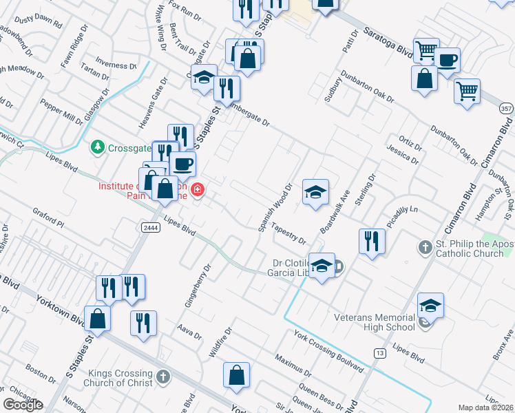 map of restaurants, bars, coffee shops, grocery stores, and more near 5805 Bella Di Giorno Drive in Corpus Christi