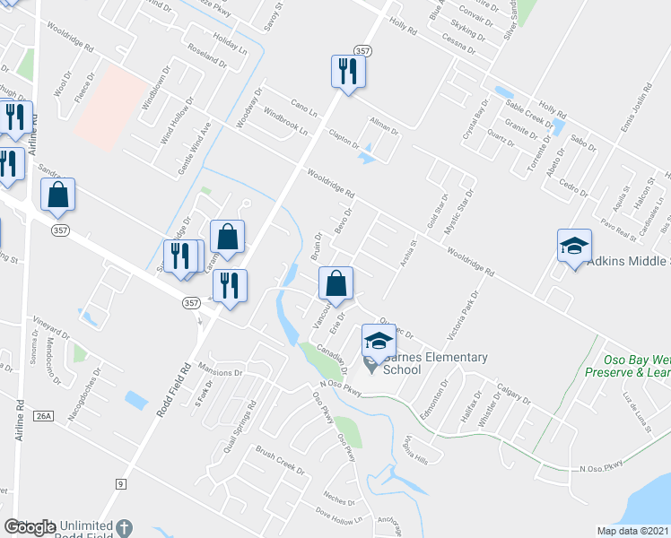 map of restaurants, bars, coffee shops, grocery stores, and more near 2617 Reveille Drive in Corpus Christi