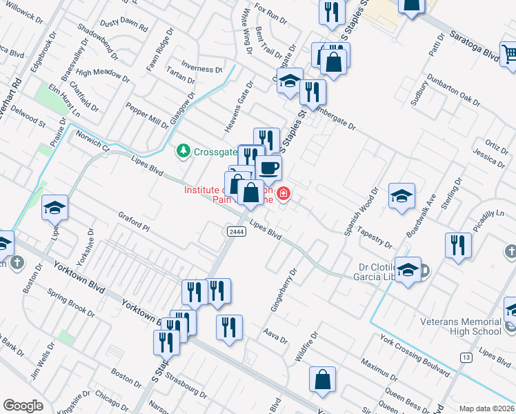 map of restaurants, bars, coffee shops, grocery stores, and more near 7110 South Staples Street in Corpus Christi