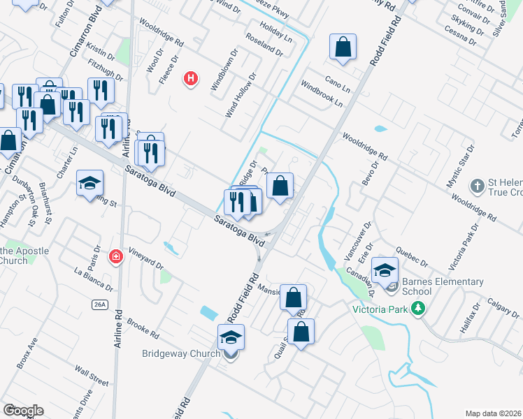 map of restaurants, bars, coffee shops, grocery stores, and more near 7102 Laramie Lane in Corpus Christi