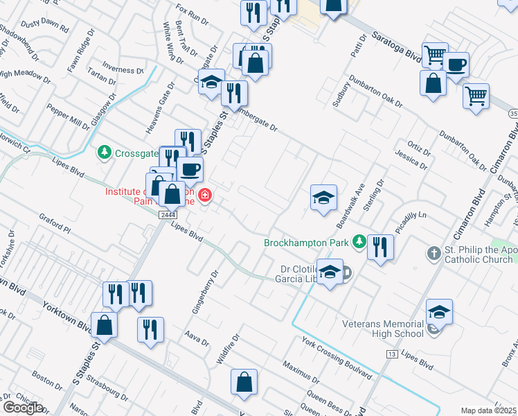 map of restaurants, bars, coffee shops, grocery stores, and more near 5801 Bella Di Giorno Drive in Corpus Christi