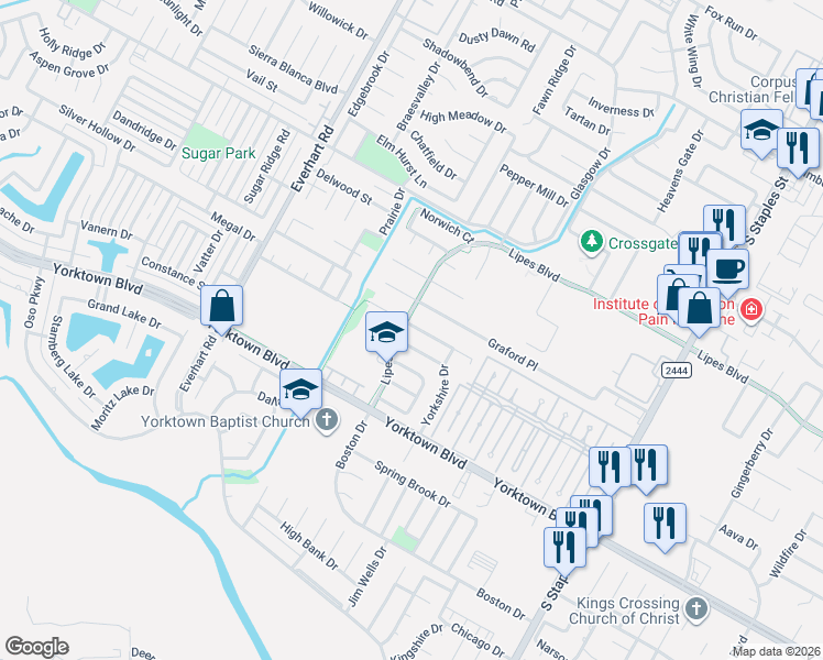 map of restaurants, bars, coffee shops, grocery stores, and more near 5105 Lethaby Drive in Corpus Christi