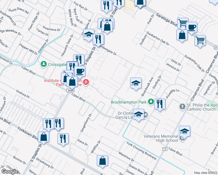 map of restaurants, bars, coffee shops, grocery stores, and more near 5801 Bella Di Giorno Drive in Corpus Christi
