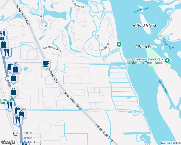 map of restaurants, bars, coffee shops, grocery stores, and more near 1097 River Wind Circle in Vero Beach