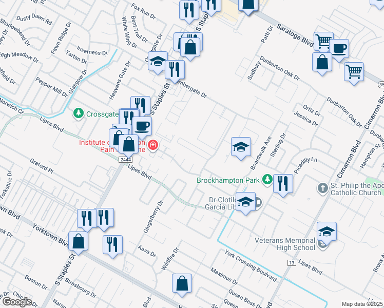 map of restaurants, bars, coffee shops, grocery stores, and more near 5801 Bella Di Giorno Drive in Corpus Christi
